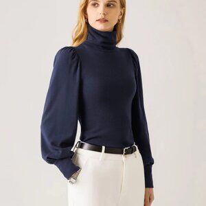 OGL Eco-Mousse® Turtleneck Puff Sleeve Top Midnight Navy L